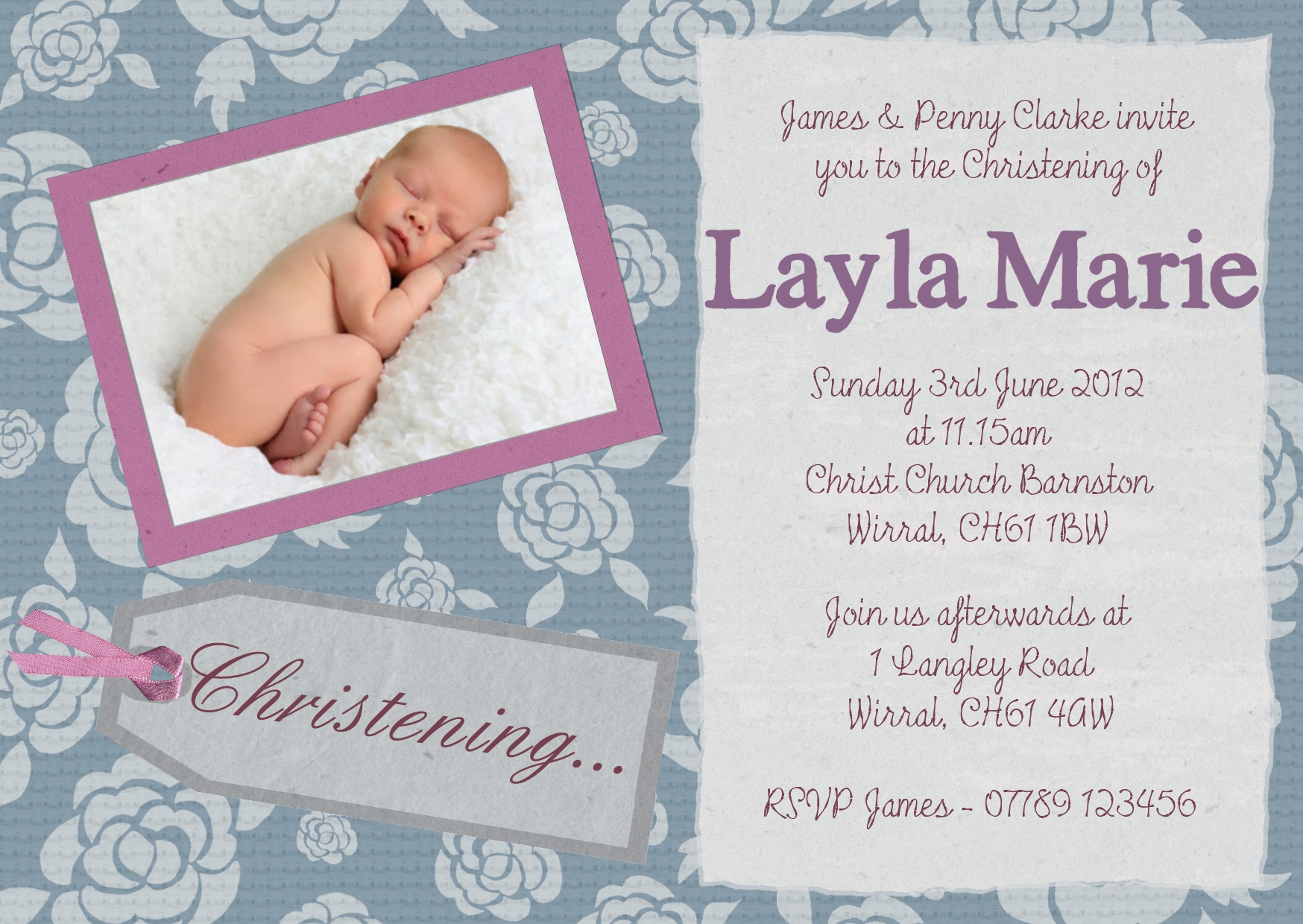 Printable Baby Girl Christening Baptism Invitation/Invite Card DIGITAL